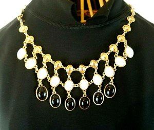 Gold Tone Beaded Bib Statement Necklace Triple Rows 21 inches White & Black